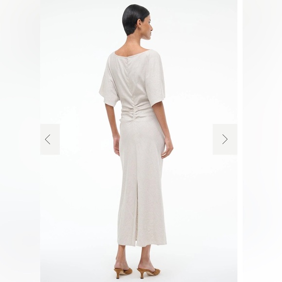new Staud Amelie draped linen blend midi dress in natural oatmeal heather - Picture 4 of 12